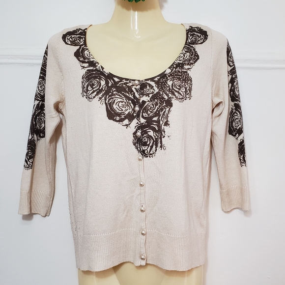 ONE WORLD Beige Embellished Cardigan Sweater Top Small S - Picture 4 of 7